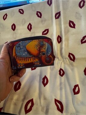 Painted Elephant Zip card Wallet - Orange & Blue EUC whimsical